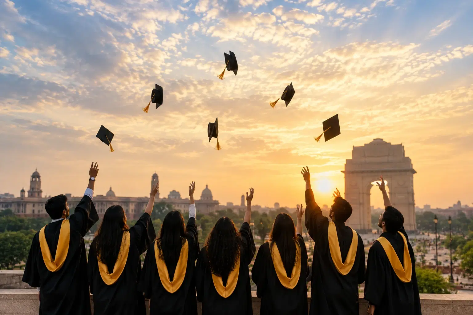 Graduates celebrating against a city skyline at sunset